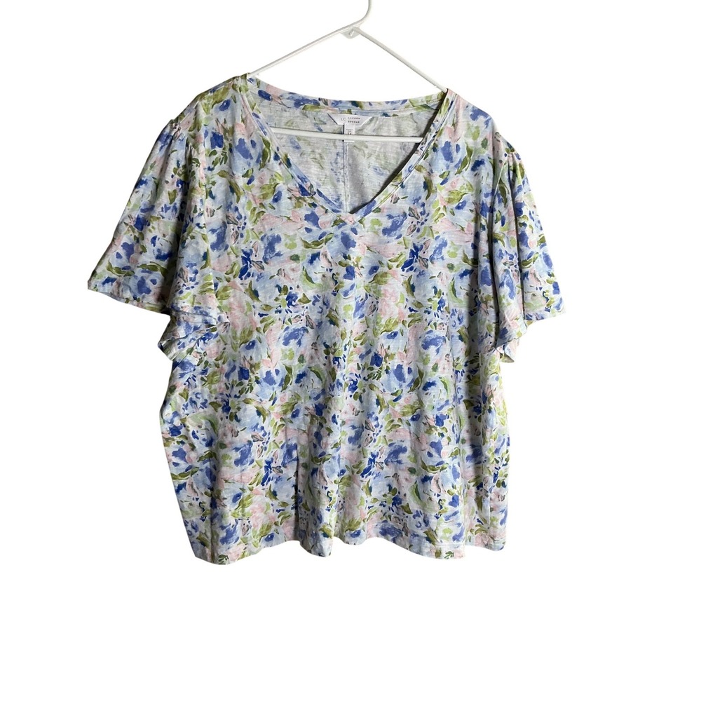 LC Lauren Conrad‎ Womens Plus 3X Floral V-Neck T-Shirt Blue Pink Cotton Slub Tee